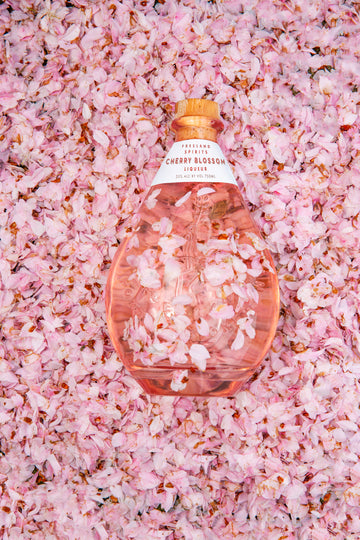 Bottle of Freeland Cherry Blossom Liqueur covered in cherry blossom petals