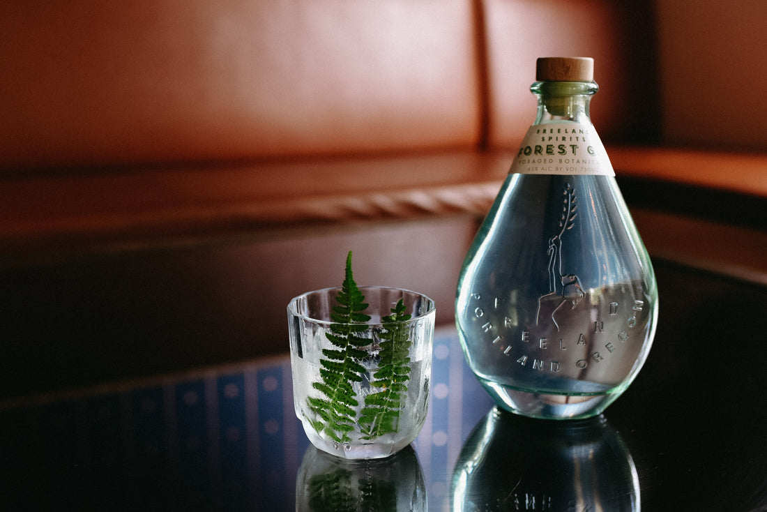 Freeland Spirits Forest Gin green bottle in tasting room next to Forest Negroni garnished with fern sprigs