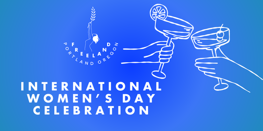 TEXT: International Women's Day Celebration IMAGE: illustration of two hands performing a cheers with gin cocktails