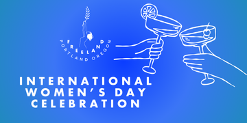 TEXT: International Women's Day Celebration IMAGE: illustration of two hands performing a cheers with gin cocktails