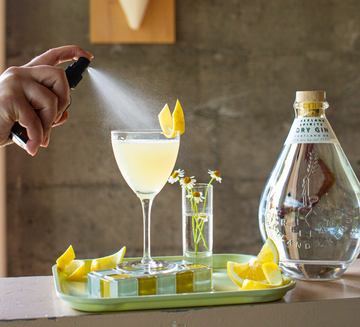 Absinthe being sprayed on classic Corpse Reviver cocktail made with Freeland Spirits Dry Gin. Set with fresh citrus, small wildflowers, and bottle gin. Plants on wall in background.