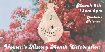 TEXT: March 9th 12-8pm Surprise Release! Women's History Month Celebration at Freeland Spirits IMAGE: Silhouette of a Freeland Spirits bottle with company logo in the middle, Background is a vintage film photo of pink flowers.