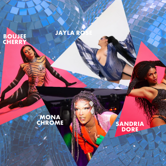 TEXT: Boujee Cherry, Jayla Rose, Mona Chrome, Sandria Dore IMAGE: images of queens performing at Freeland Spirits Drag Brunch in Portland, OR. Disco balls in the background.