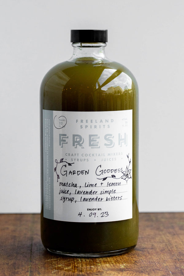 32 oz bottle of Green Goddess Fresh Spring Cocktail Mixer by Freeland Spirits. 